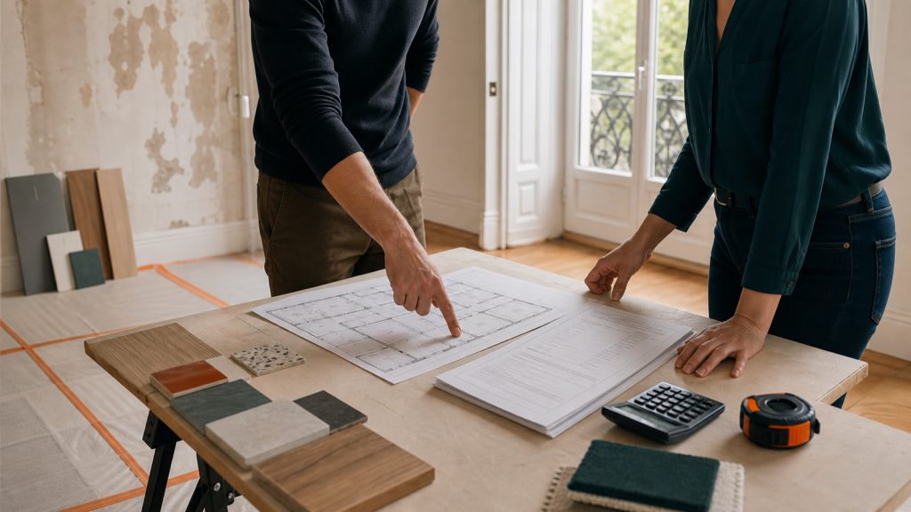 Deux personnes analysent le devis et le plan d'un appartement en rénovation
