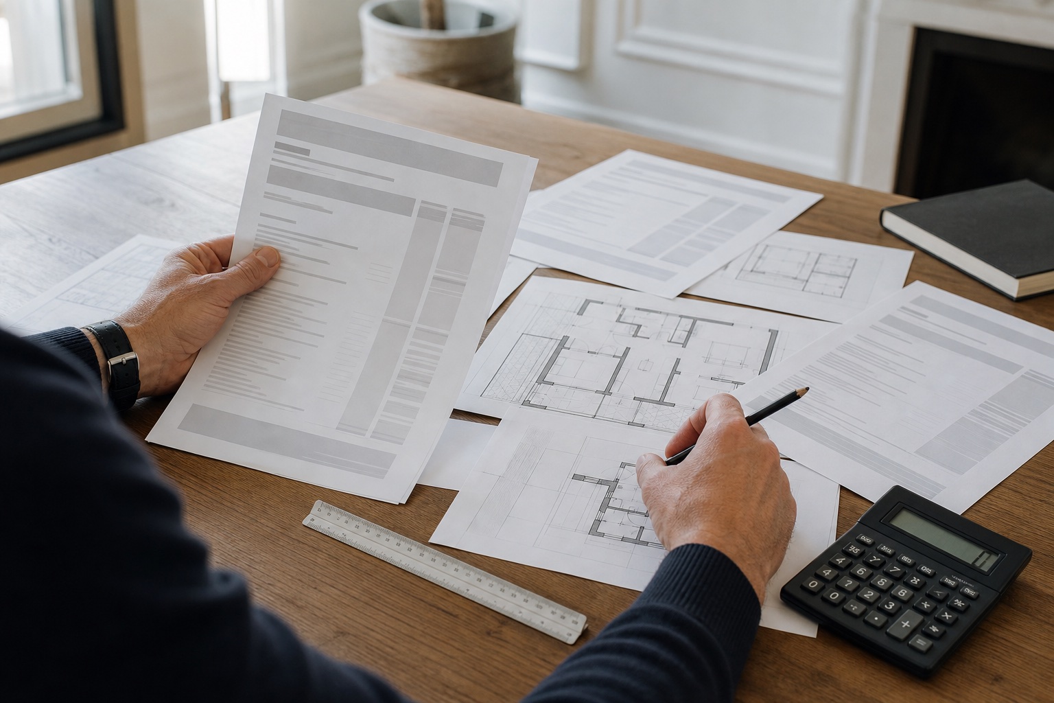 Économiste de la construction analysant un devis travaux et des plans