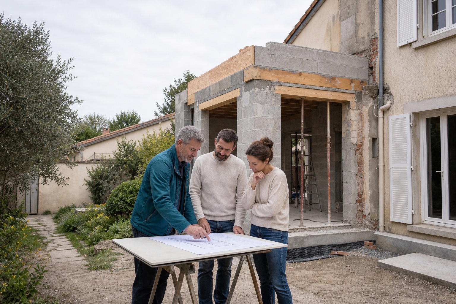 Propriétaires préparant le budget d’une extension reliée à leur maison avec un économiste