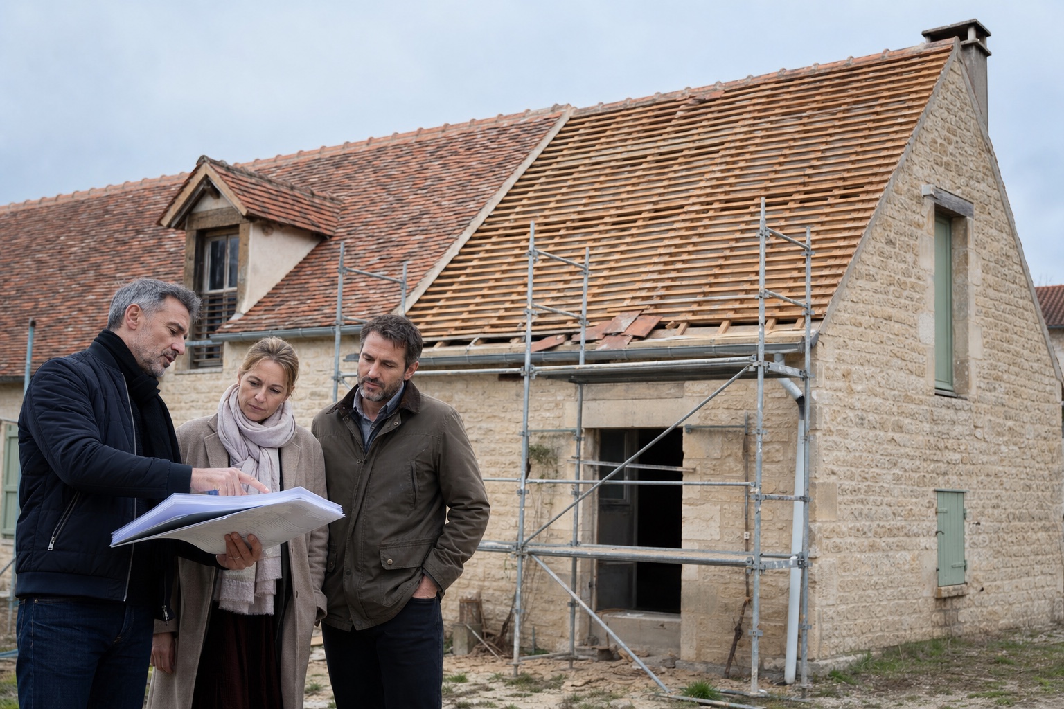Propriétaires préparant le budget de rénovation d’une toiture et de sa charpente avec un économiste