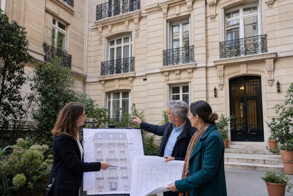 Copropriétaires et syndic examinent des plans de travaux dans la cour d’un immeuble