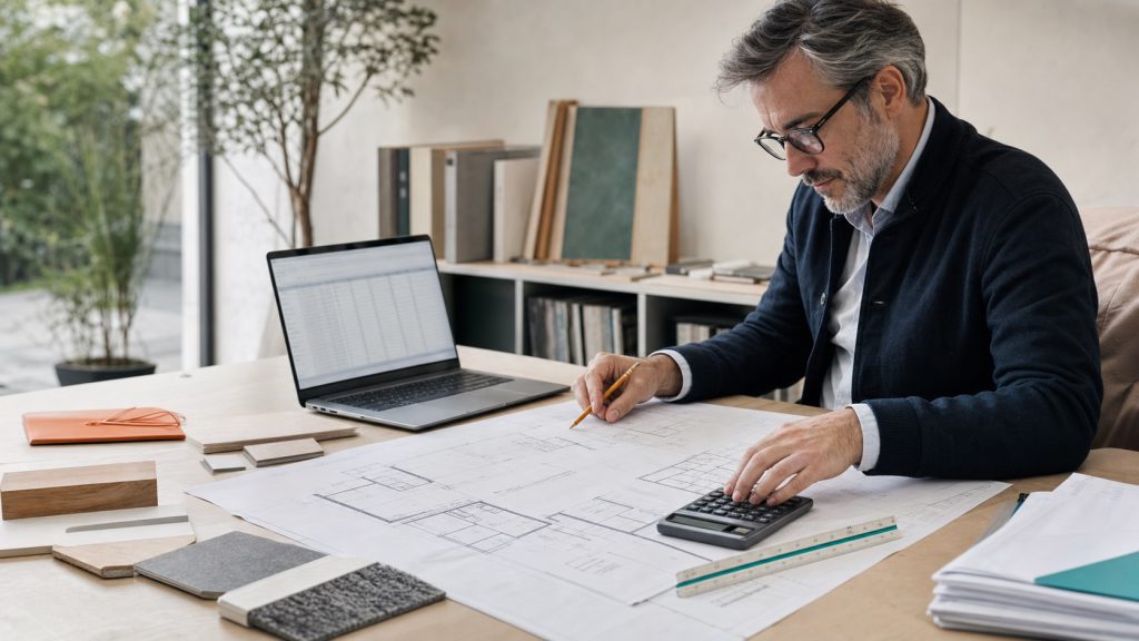 Économiste de la construction analysant un plan et un budget travaux par lots