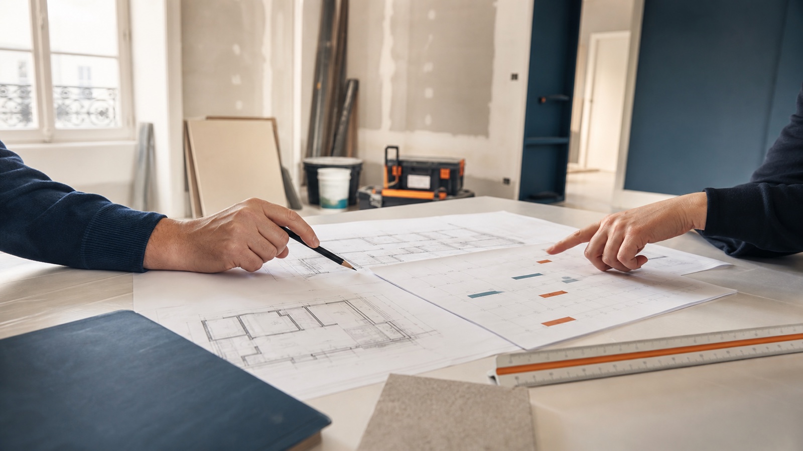 Deux personnes structurent le planning d’un chantier de rénovation à partir des plans