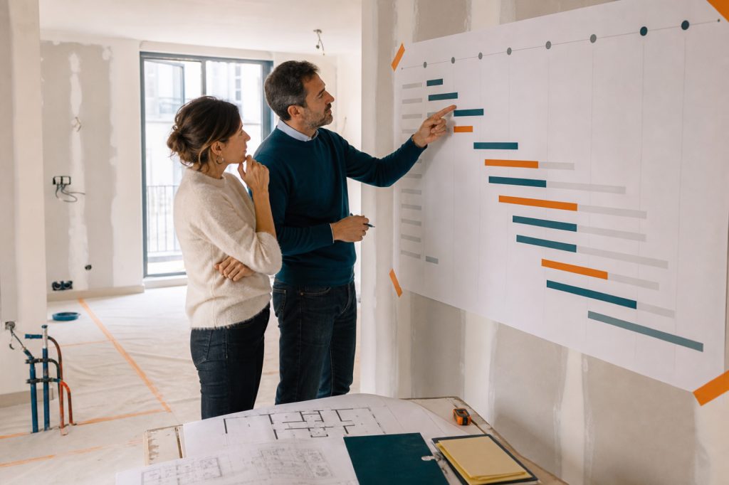 Propriétaire et économiste vérifiant les étapes et dépendances d’un planning travaux