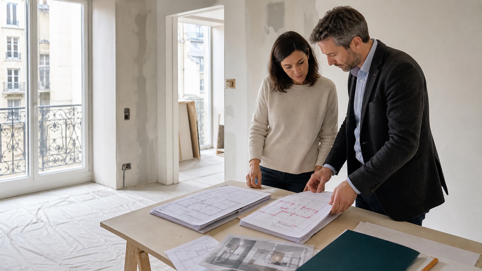 Propriétaire et économiste comparant le devis initial aux travaux supplémentaires